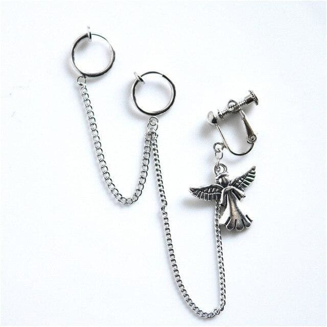 Punk Feathers Cross Chain Clip Earrings MK15147 - KawaiiMoriStore