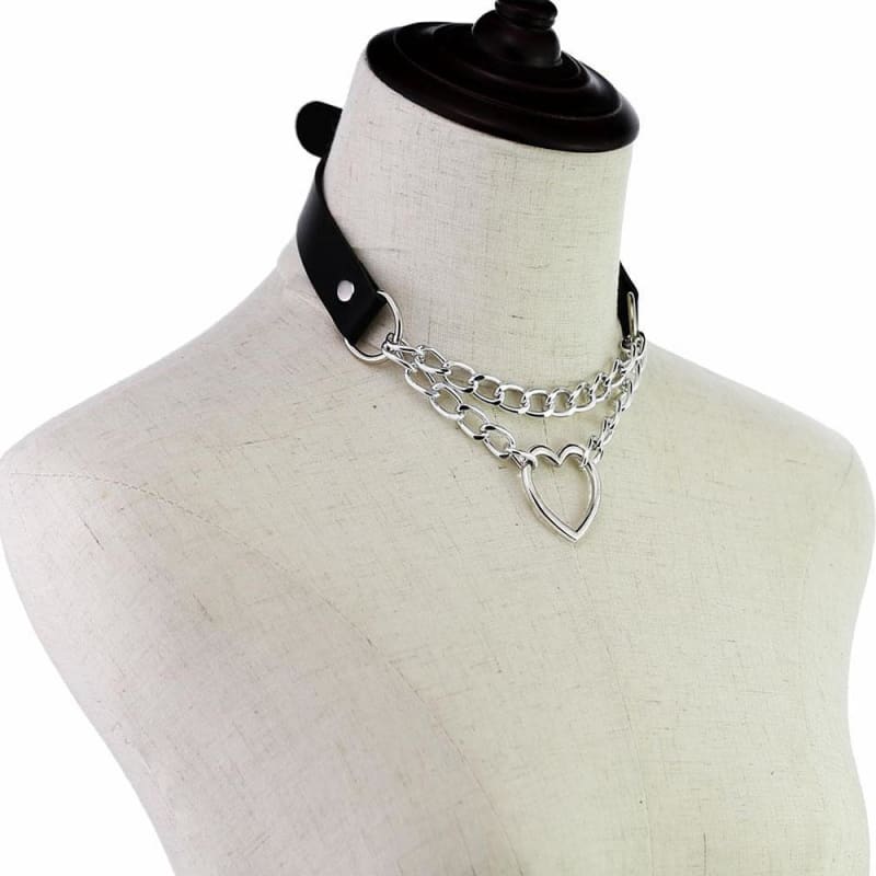 Punk Gothic Leather Choker Metal Chain Heart Necklace MK062 - KawaiiMoriStore