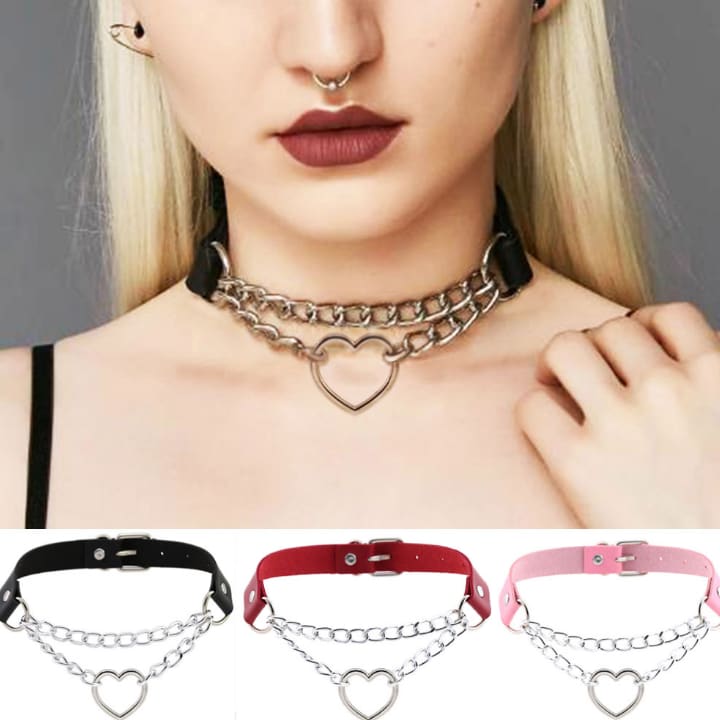 Punk Gothic Leather Choker Metal Chain Heart Necklace MK062 - KawaiiMoriStore