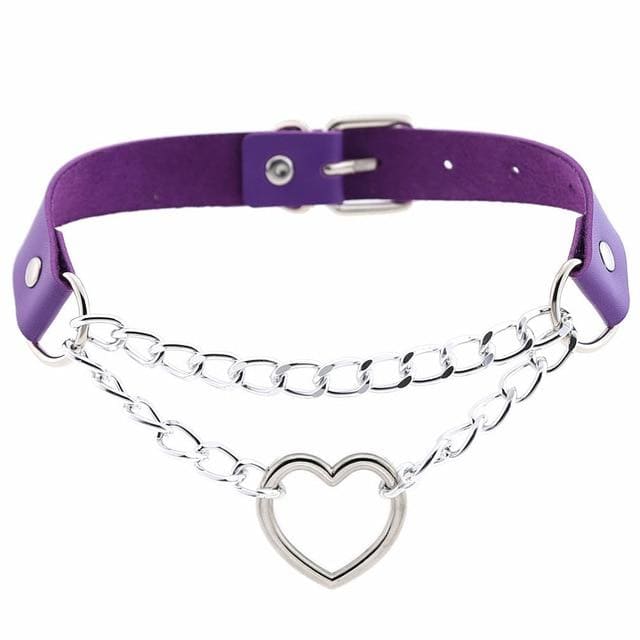 Punk Gothic Leather Choker Metal Chain Heart Necklace MK062 - KawaiiMoriStore