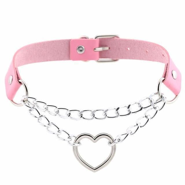 Punk Gothic Leather Choker Metal Chain Heart Necklace MK062 - KawaiiMoriStore