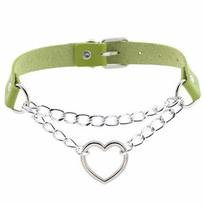 Punk Gothic Leather Choker Metal Chain Heart Necklace MK062 - KawaiiMoriStore
