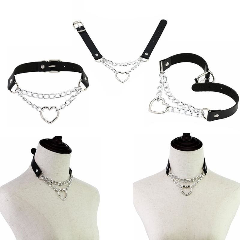 Punk Gothic Leather Choker Metal Chain Heart Necklace MK062 - KawaiiMoriStore