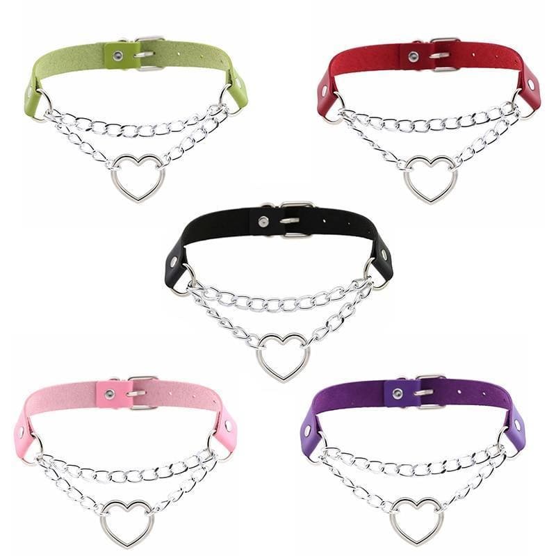 Punk Gothic Leather Choker Metal Chain Heart Necklace MK062 - KawaiiMoriStore