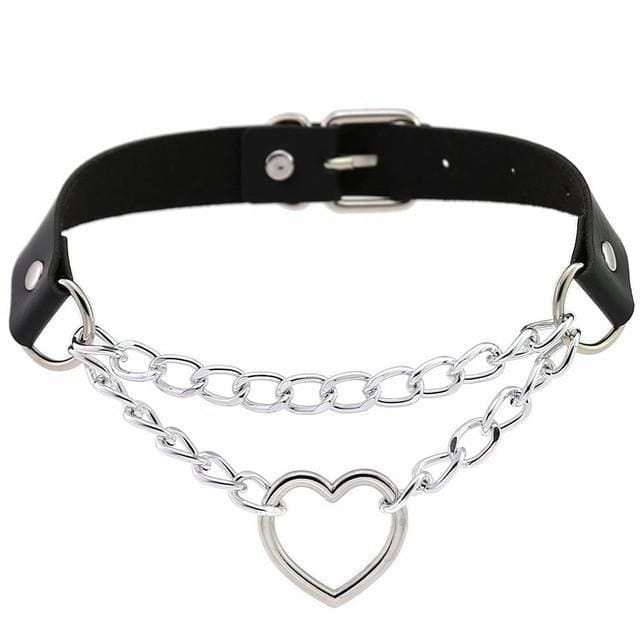 Punk Gothic Leather Choker Metal Chain Heart Necklace MK062 - KawaiiMoriStore