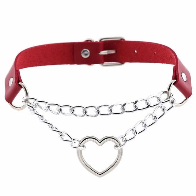 Punk Gothic Leather Choker Metal Chain Heart Necklace MK062 - KawaiiMoriStore
