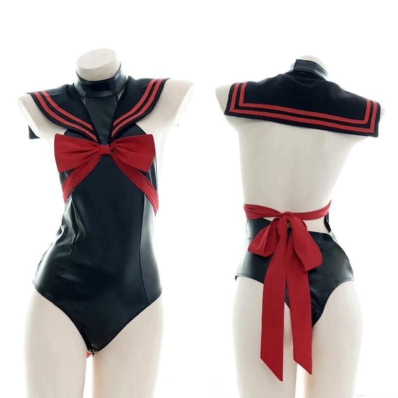 Punk Lolita PU Sailor Collar Turtleneck Bow Bandage Backless Bodysuits MK374 - KawaiiMoriStore