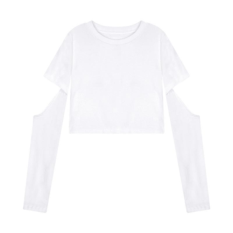 Pure Color Hollow Out Round Neck Short Sweatshirt MK0530 - KawaiiMoriStore