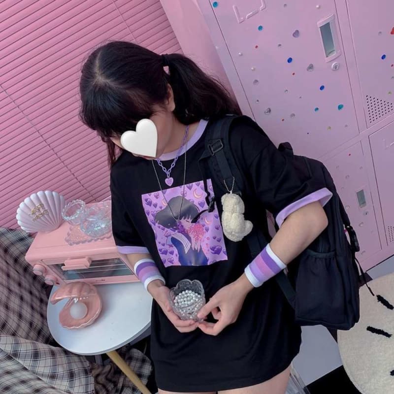 Purple Love Girl Print T-shirt MK15201 - KawaiiMoriStore