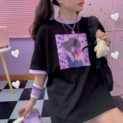 Purple Love Girl Print T-shirt MK15201 - KawaiiMoriStore