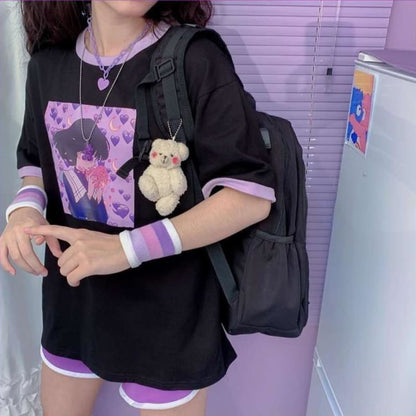 Purple Love Girl Print T-shirt MK15201 - KawaiiMoriStore