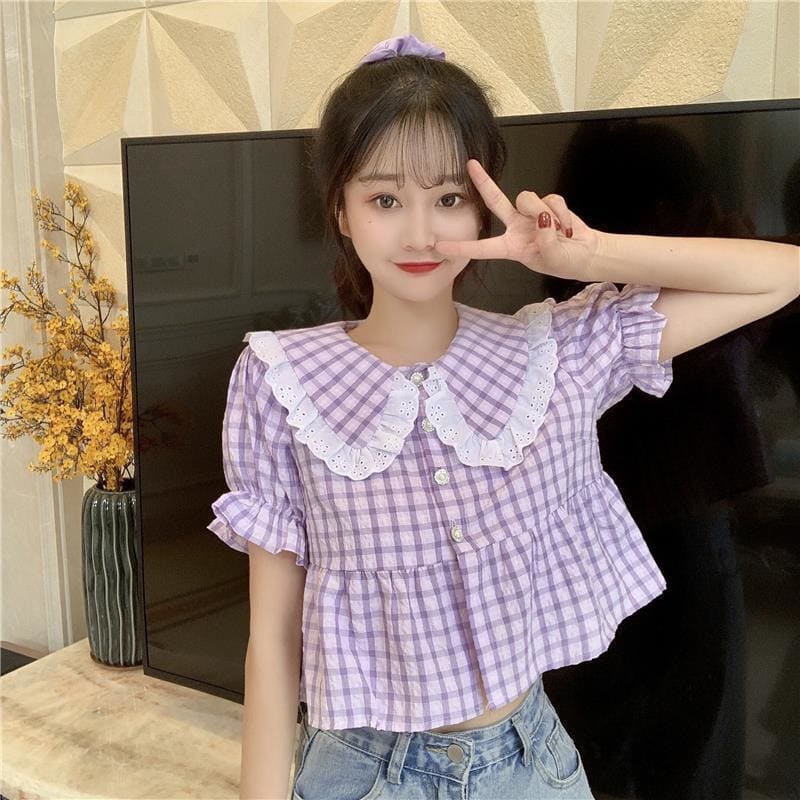 Purple Plaid Vintage-Style Cropped Dolly Blouse