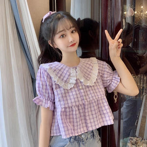 Purple Plaid Vintage-Style Cropped Dolly Blouse