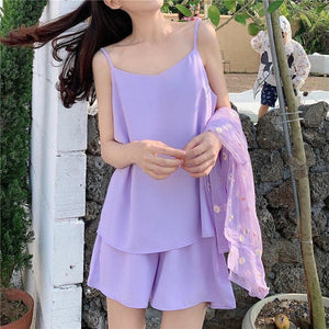 Purple Sun-proof Long Sleeve Blouse High Waisted Shorts Set MK15820 - KawaiiMoriStore