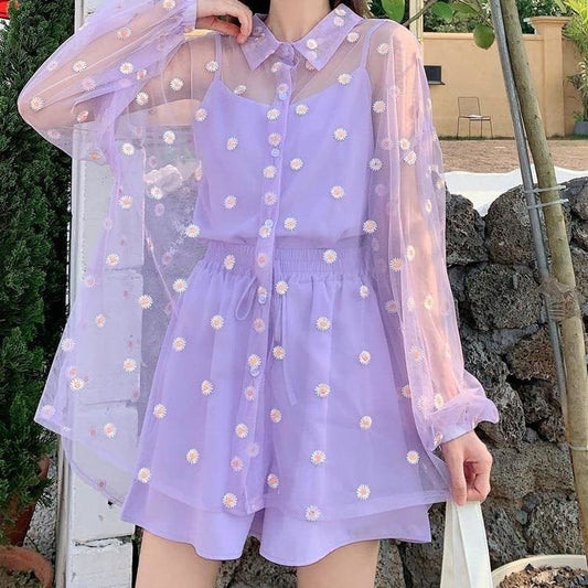 Purple Sun-proof Long Sleeve Blouse High Waisted Shorts Set MK15820 - KawaiiMoriStore