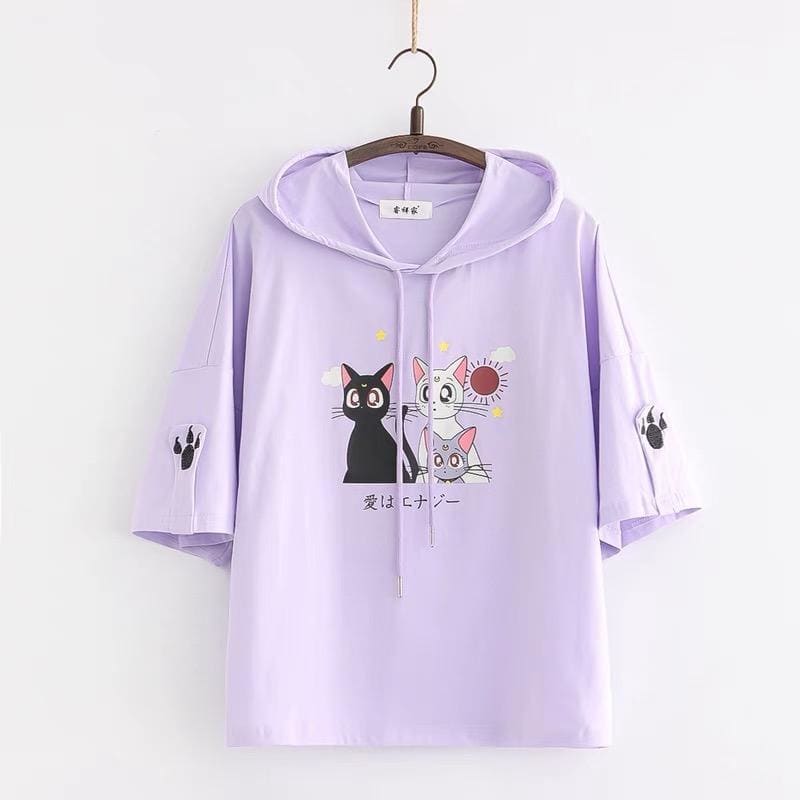 Purple/Pink Kawaii Anime Sailor Moon Luna Artemis Diana Cats T-Shirt MK15989 - KawaiiMoriStore