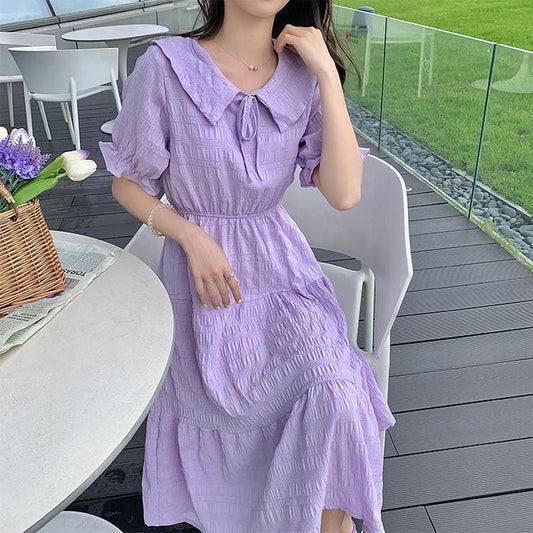 Purple/White Peter Pan Collar Belt Dress MK15888 - KawaiiMoriStore