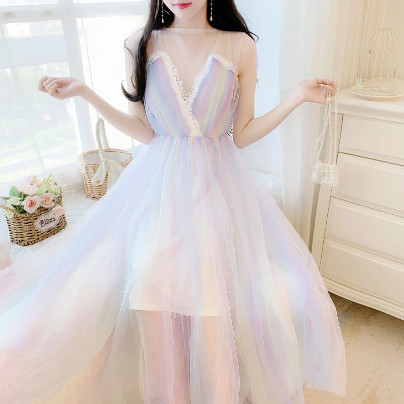 Rainbow Gauze Sleeveless Dress MK15129 - KawaiiMoriStore