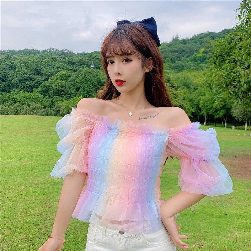 Rainbow Pastel Kawaii Aesthetic Princess Crop Top - One Size