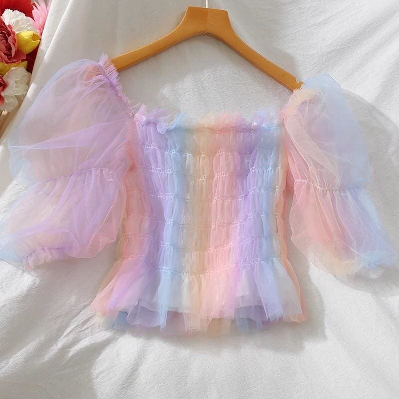 Rainbow Pastel Kawaii Aesthetic Princess Crop Top - One Size