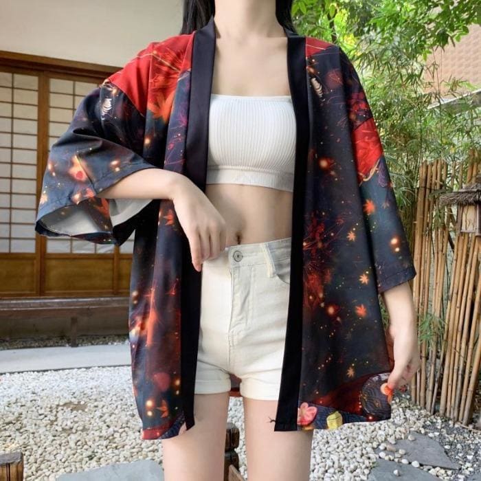 Red Fire Anime Girl Homewear Kimono Haori MK16022 - KawaiiMoriStore