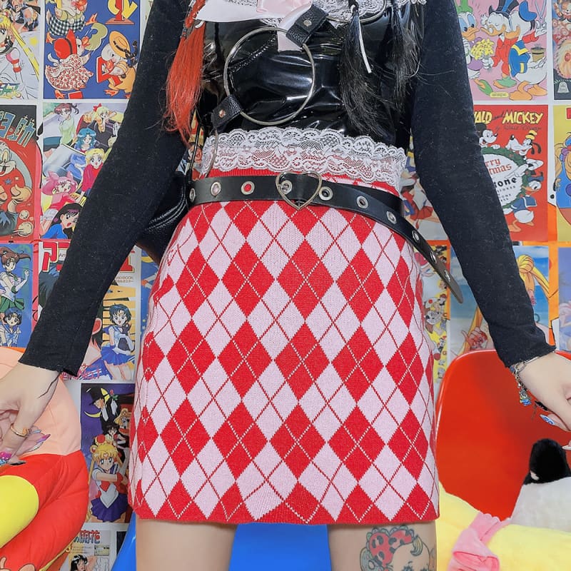 Red Rhomboid Buttock Knitted Skirt MM0706 - KawaiiMoriStore