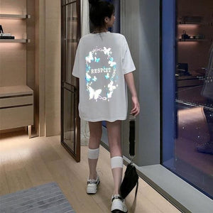 Reflective Butterfly Letters Print Loose Long T-shirt MK14980 - KawaiiMoriStore