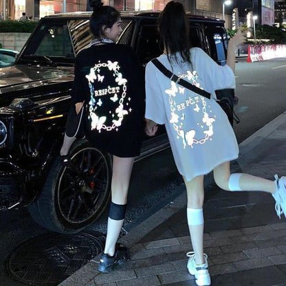 Reflective Butterfly Letters Print Loose Long T-shirt MK14980 - KawaiiMoriStore