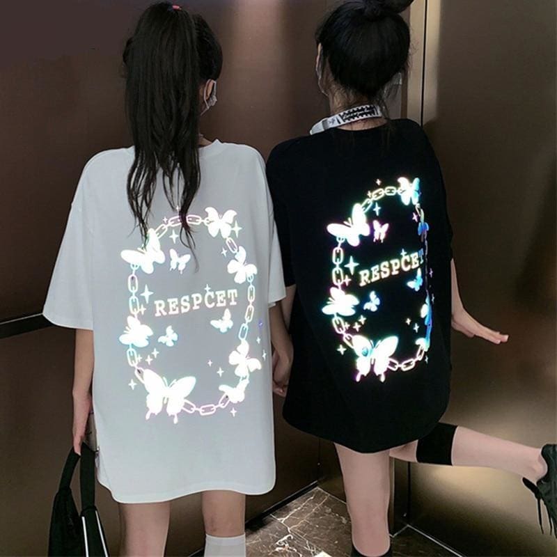 Reflective Butterfly Letters Print Loose Long T-shirt MK14980 - KawaiiMoriStore