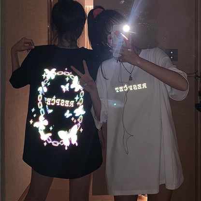 Reflective Butterfly Letters Print Loose Long T-shirt MK14980 - KawaiiMoriStore