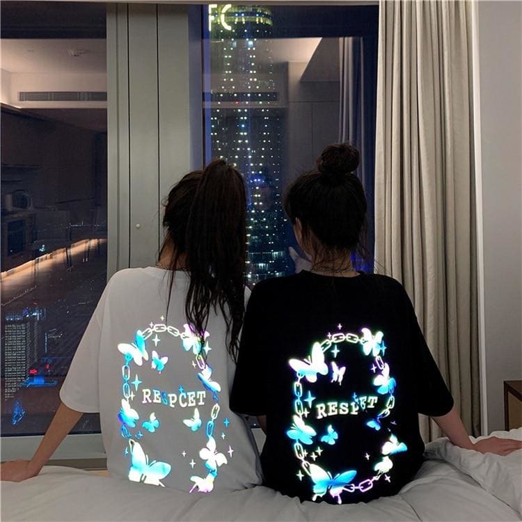 Reflective Butterfly Letters Print Loose Long T-shirt MK14980 - KawaiiMoriStore