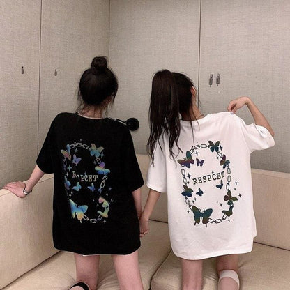 Reflective Butterfly Letters Print Loose Long T-shirt MK14980 - KawaiiMoriStore