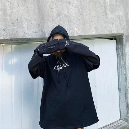 RELAX Letter Print Gothic Oversized Hoodie Jumper MK15205 - KawaiiMoriStore