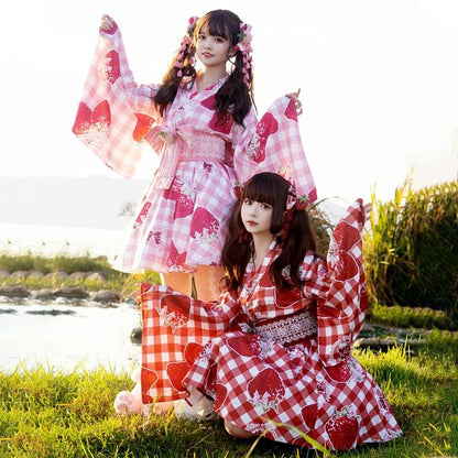 （Reservation）Sweet Cute GirlStrawberry Plaid Belt Kimono Set MM1015 - KawaiiMoriStore