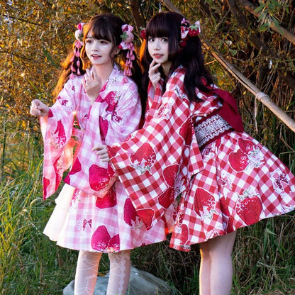 （Reservation）Sweet Cute GirlStrawberry Plaid Belt Kimono Set MM1015 - KawaiiMoriStore