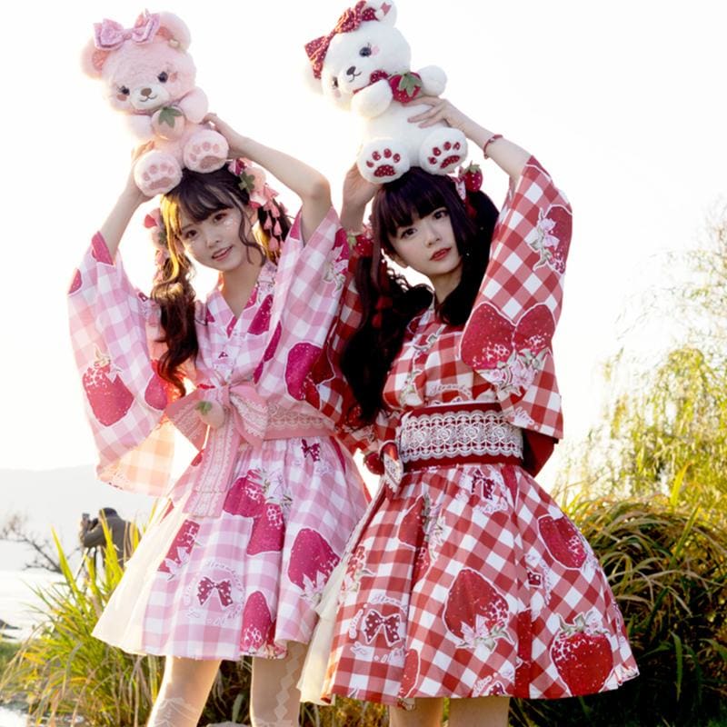 （Reservation）Sweet Cute GirlStrawberry Plaid Belt Kimono Set MM1015 - KawaiiMoriStore