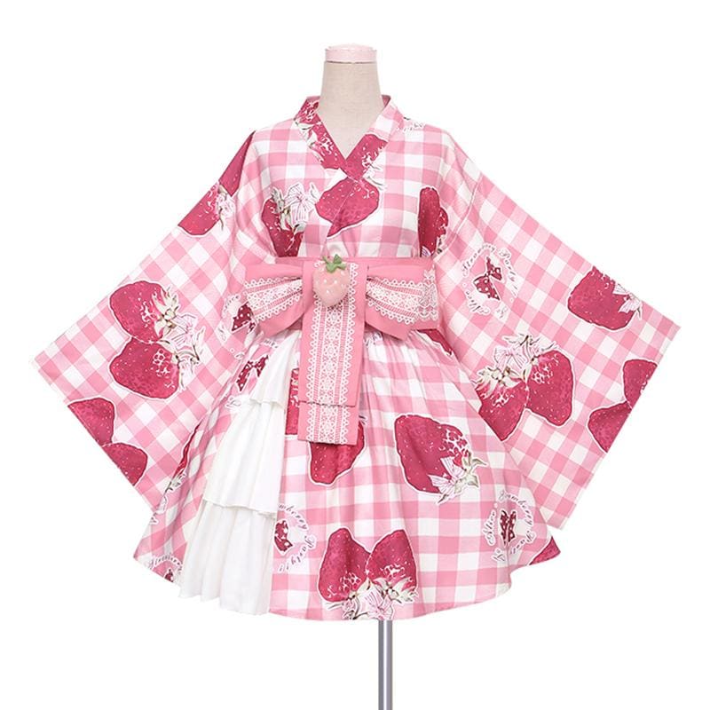 （Reservation）Sweet Cute GirlStrawberry Plaid Belt Kimono Set MM1015 - KawaiiMoriStore