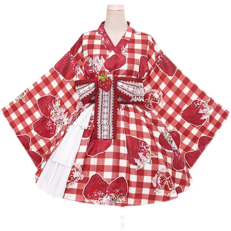 （Reservation）Sweet Cute GirlStrawberry Plaid Belt Kimono Set MM1015 - KawaiiMoriStore