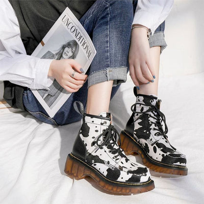 Retro Cute Cow Lace Up Martin Boots MK15805 - KawaiiMoriStore