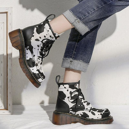 Retro Cute Cow Lace Up Martin Boots MK15805 - KawaiiMoriStore