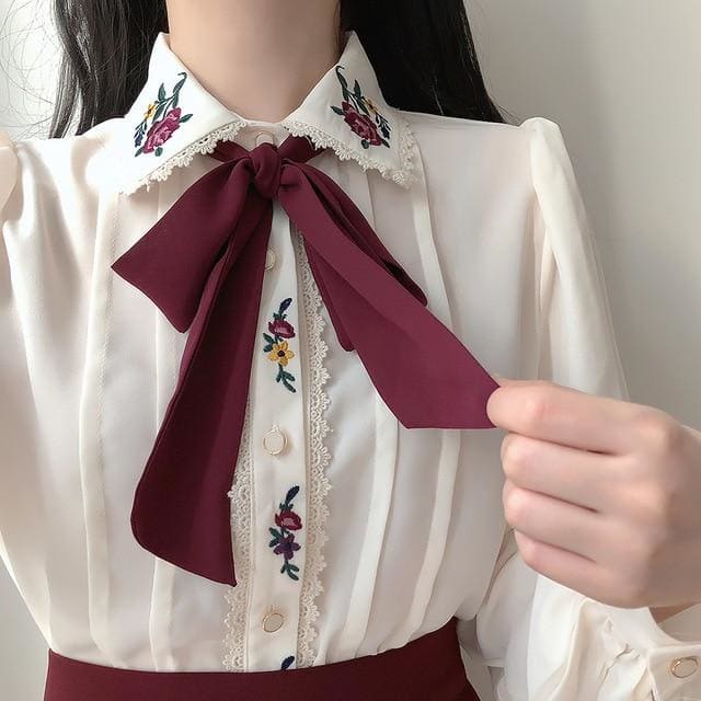 Retro Embroidery Bowknot Single Breasted Button Shirts MK15798 - KawaiiMoriStore