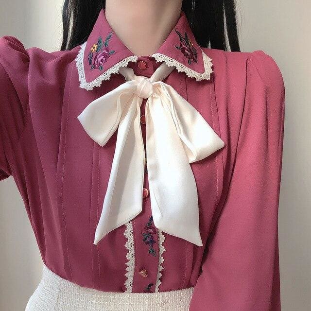 Retro Embroidery Bowknot Single Breasted Button Shirts MK15798 - KawaiiMoriStore