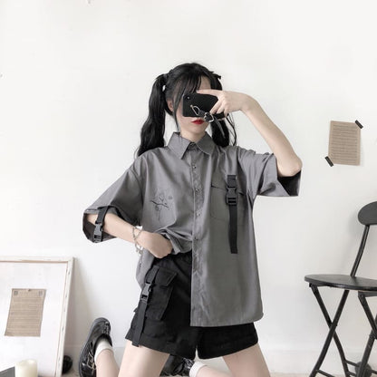 Retro Grey White Printed Shirt And Shorts Two-piece Set MK15057 - KawaiiMoriStore