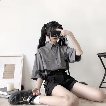 Retro Grey White Printed Shirt And Shorts Two-piece Set MK15057 - KawaiiMoriStore