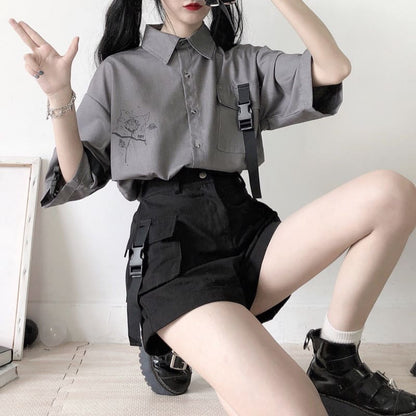 Retro Grey White Printed Shirt And Shorts Two-piece Set MK15057 - KawaiiMoriStore