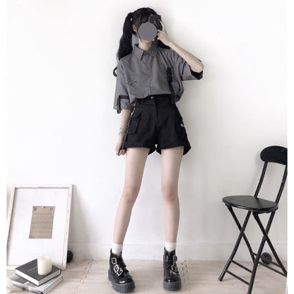 Retro Grey White Printed Shirt And Shorts Two-piece Set MK15057 - KawaiiMoriStore