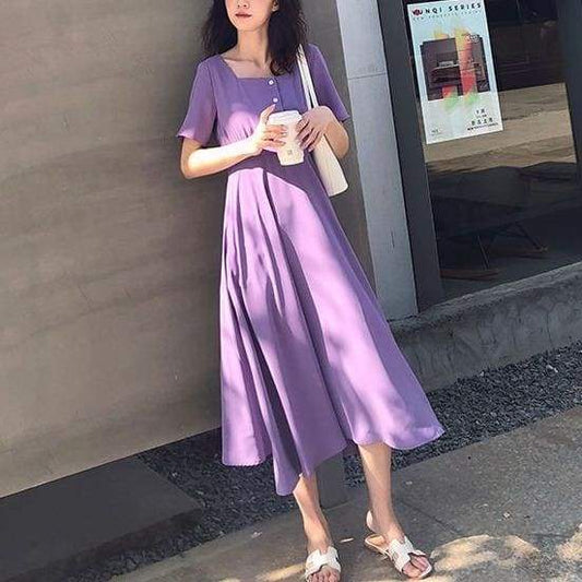 Retro High Waist Skinny Square Collar Chiffon Midi Dress MM0972 - KawaiiMoriStore