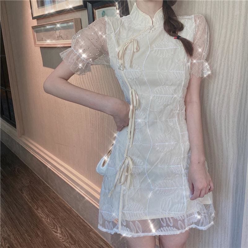 Retro Puff Sleeve Cheongsam Dress MM1106 - KawaiiMoriStore
