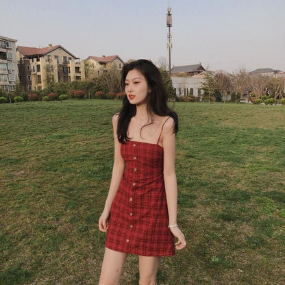 Retro Strappy Plaid Mini Dress