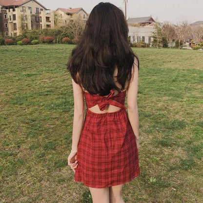 Retro Strappy Plaid Mini Dress